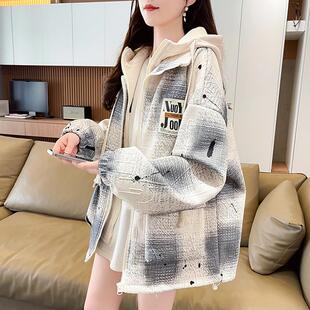 女大童假两件棒球服外套春秋季初中高中学生港风复古格子工装夹克