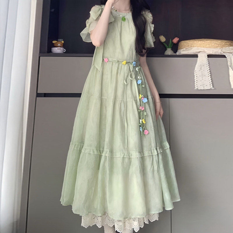 法式甜美蝴蝶结绿色连衣裙女大童夏季初高中学生温柔风仙女长裙子