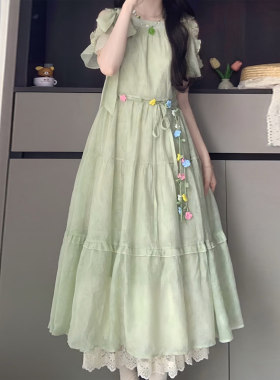 法式甜美蝴蝶结绿色连衣裙女大童夏季初高中学生温柔风仙女长裙子