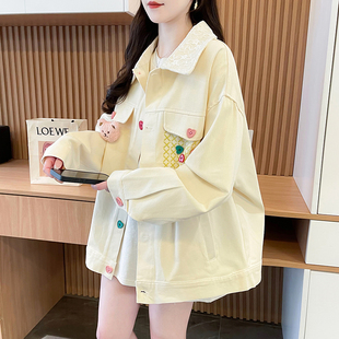 初中学生可爱甜美polo领上衣 女大童彩色纽扣牛仔外套春秋2025新款