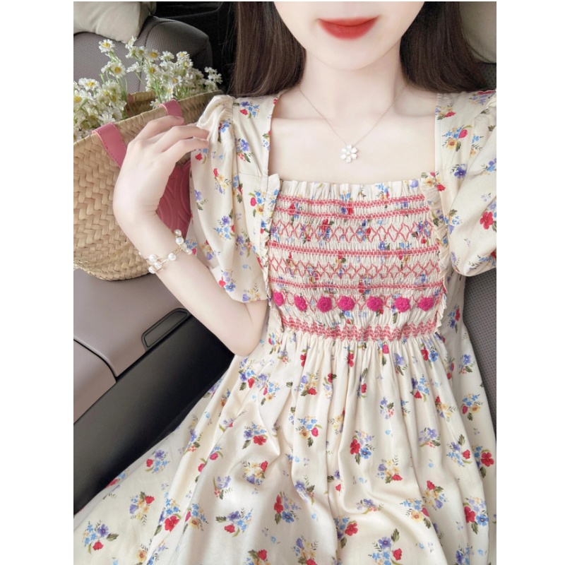 女大童法式方领碎花连衣裙夏季