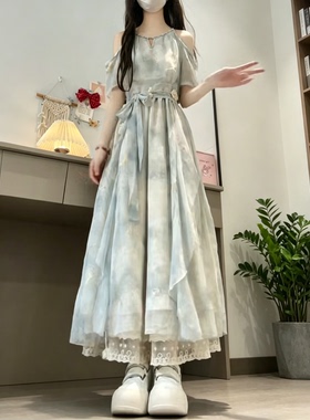 法式露肩不规则荷叶边连衣裙夏季少女大童初高中学生甜美气质长裙