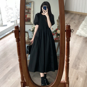 女大童泡泡袖连衣裙夏季初中高中学生大码法式气质方领黑色长裙子