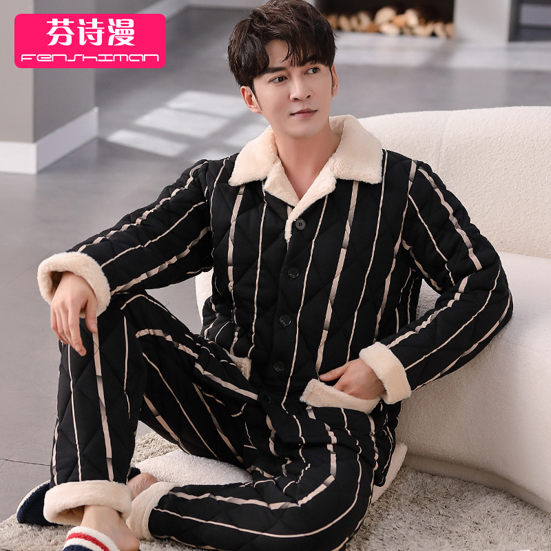 秋冬款三层保暖加棉中老年人睡衣