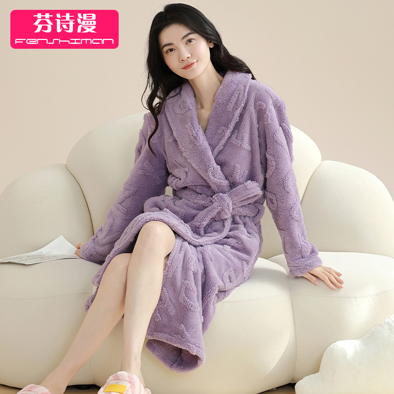 睡袍女士秋冬提花绒家居服