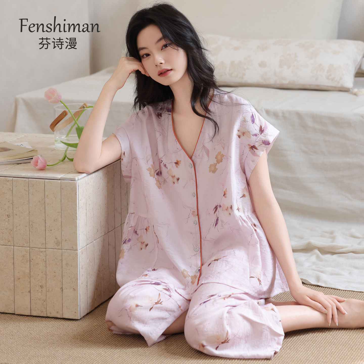 【天然亲肤】睡衣女士莱赛尔短袖