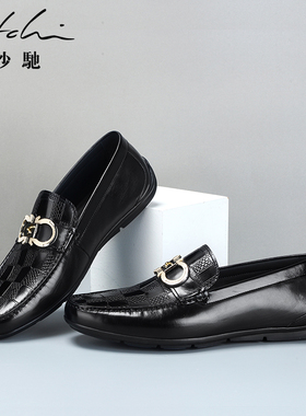 Satchi/沙驰真皮商务软底休闲皮鞋男鞋一脚蹬舒适透气真牛皮潮鞋