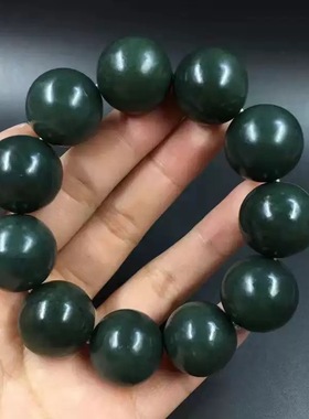 全新天然新疆和田玉塔青墨绿色圆珠经典手串带证书假必赔卡20