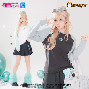 撞色上衣打底衫 moeyu初音未来千禧冰糖果春秋长袖 t恤女圆领插肩袖