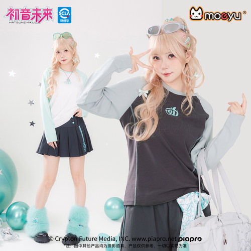 moeyu初音未来千禧冰糖果春秋长袖t恤女圆领插肩袖撞色上衣打底衫