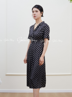 女士[经典复古系列]V领收腰波点桑蚕丝连衣裙GL6817