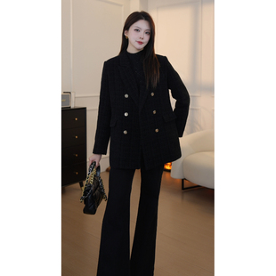 SenseAbility编织羊毛小香风金属双排扣气质通勤羽绒毛呢西装外套