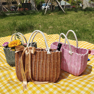 手提菜篮子买菜篮仿藤塑料编织购物篮野餐篮洗澡篮浴框零食收纳M