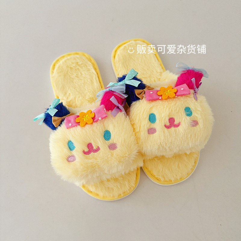 少女心可爱卡通花小兔立体头毛绒露趾拖居家地板拖春夏季鱼嘴拖鞋