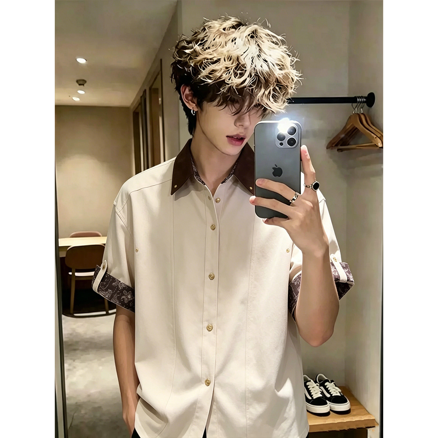美式腰果花拼接撞色冰丝短袖衬衫男款夏季高级感老钱风七分袖衬衣