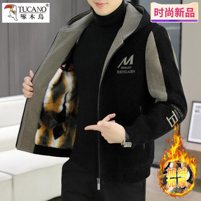 啄木鸟高端毛呢外套男士冬季新款休闲连帽冬装加绒加厚呢子夹克潮