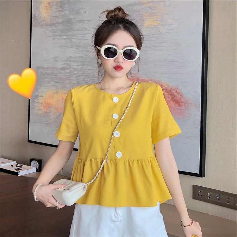 娃娃衫韩版棉麻上衣女2020夏季新款时尚收腰显瘦圆领短袖气质百搭|ruв категории Женская одежда, рубашка - от Buy2taobao.com для оказания профессиональной услуги покупки агента Taobao