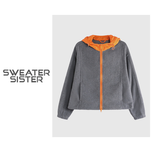 毛衣姐姐 5202 秋冬连帽拼色抓绒外套宽松保暖女士上衣女197