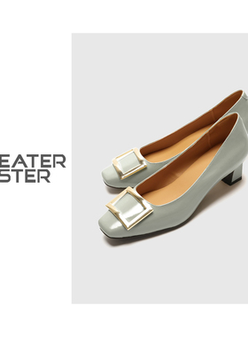 毛衣姐姐 新款气质矩形金属扣浅口高跟鞋女百搭粗跟单鞋20760