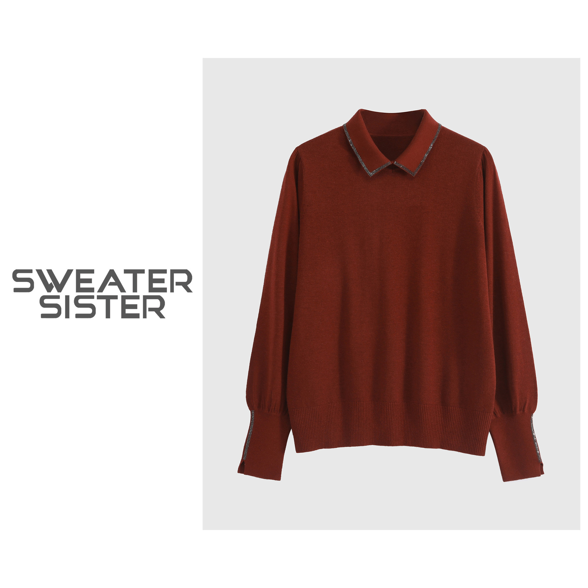 毛衣姐姐 重工烫钻小翻领保暖针织打底衫毛衣女150-23681