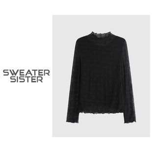 网纱t恤女640 毛衣姐姐 木耳边长袖 新款 1569 半高领蕾丝打底衫