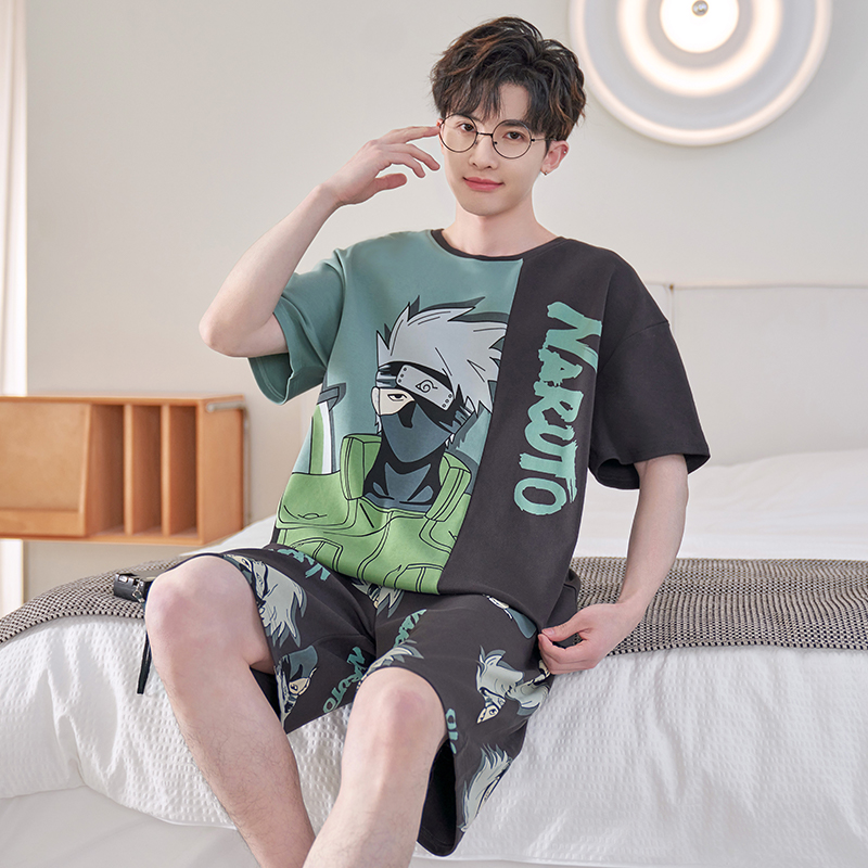 睡衣男士夏季纯棉短袖薄款卡通火影忍者加大码青少年初中学生大童