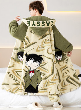 睡衣男冬季珊瑚绒长袍加绒加厚卡通时尚青少年初中学生保暖家居服