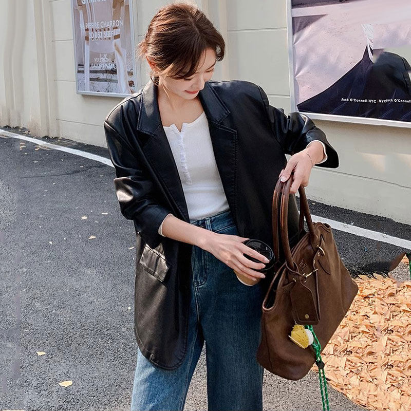 小西装皮衣外套女2025春秋新款中长款休闲时尚绵羊皮黑色机车夹克