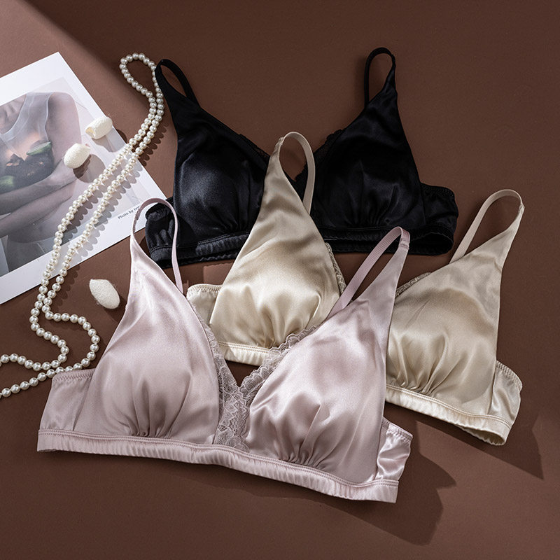 缕梵真丝弹力缎蕾丝V领无钢圈文胸 桑蚕丝超薄固定杯垫法式内衣,女士内衣/男士内衣/家居服,文胸,淘宝优惠券,粉丝福利购,淘宝优惠卷