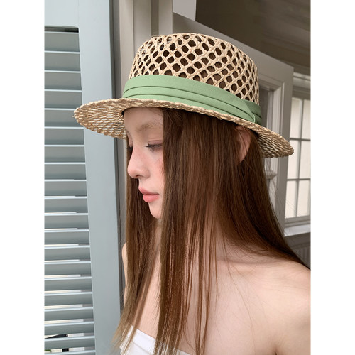 ins韩女松弛感拉菲草镂空草帽