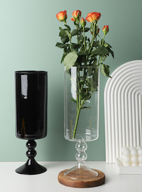 ins黑色高脚玻璃花瓶法式复古插花水培客厅餐桌民宿仿真花摆件