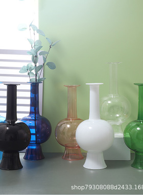 复古禅意仿宋瓶雀蓝色净瓶水培玻璃花瓶杨柳枝花器古典中式插花器