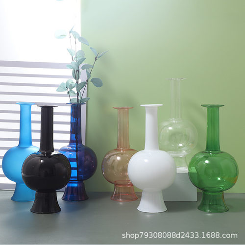 复古禅意仿宋瓶雀蓝色净瓶水培玻璃花瓶杨柳枝花器古典中式插花器