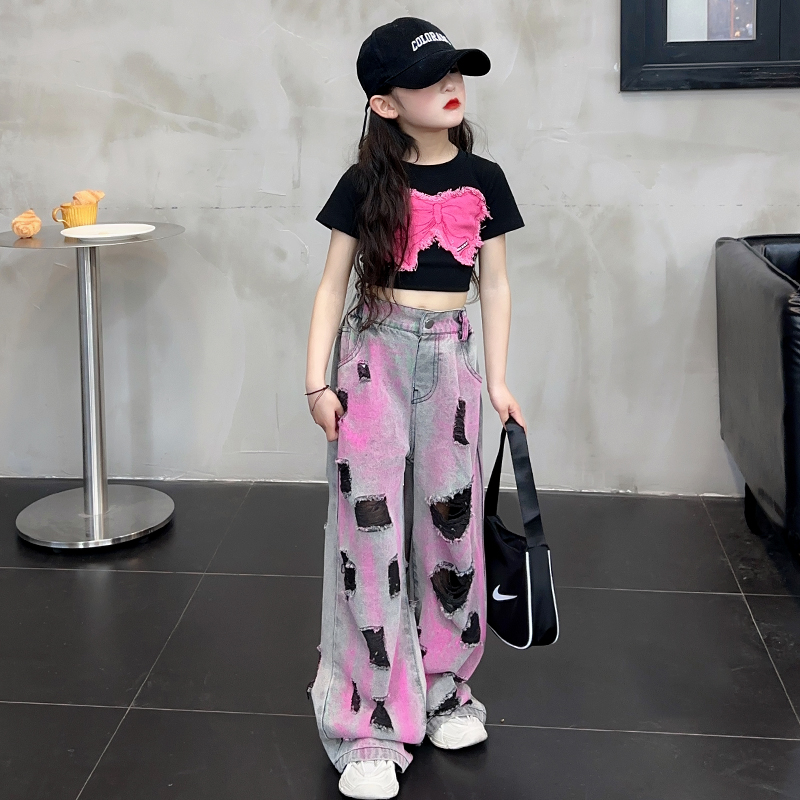 法国女童美式破洞牛仔裤2025夏季薄款洋气炸街裤子直筒阔腿裤时髦