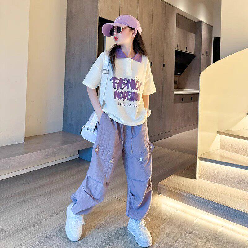 法国Uamtor女童夏季套装2026新款儿童Polo领上衣时髦工装裤两件套