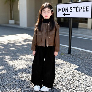 三件套 阔腿裤 法国BADNUT女童皮衣春秋2026新款 复古夹克外套毛衣季