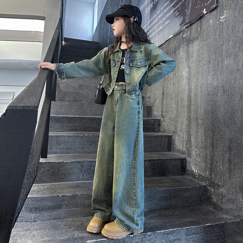 女童牛仔套装春秋2025新款洋派时髦儿童女大童阔腿牛仔裤秋装外套