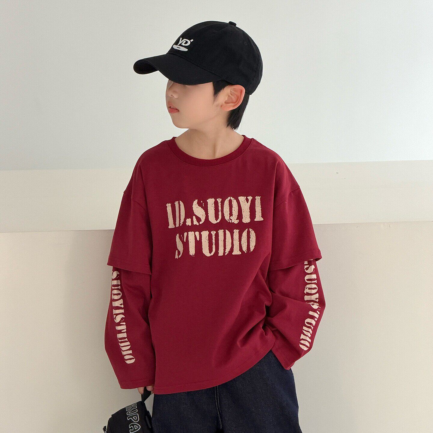 法国BADNUT男童长袖t恤春秋2026新款儿童假两件大童红色休闲上衣