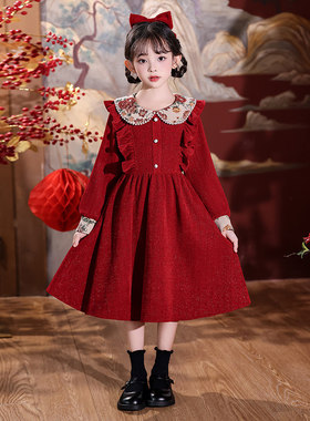 英国next ttat女童秋冬季连衣裙洋气儿童公主裙女孩红色长袖裙子