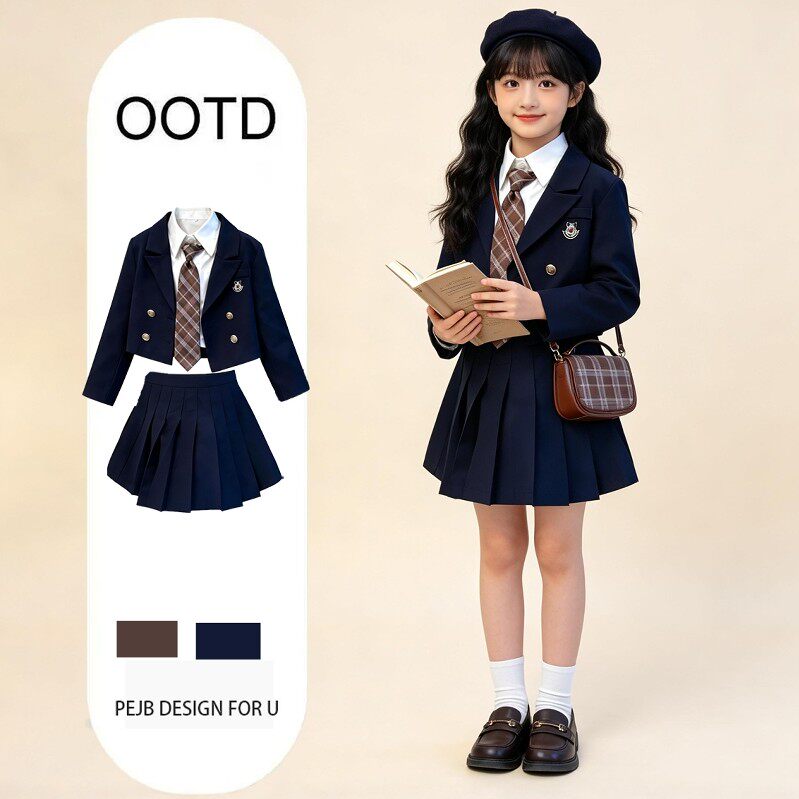 法国BADNUT女童jk西装套装春秋2026新款潮学院风衬衣百褶裙三件套