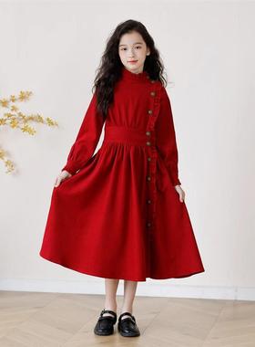 英国next ttat女童灯芯绒连衣裙春秋2025儿童洋气红色加绒公主裙