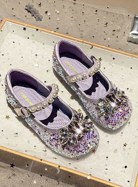 英国DGKP2026春秋季新款女童水晶鞋儿童公主鞋紫色皮鞋水钻单鞋子