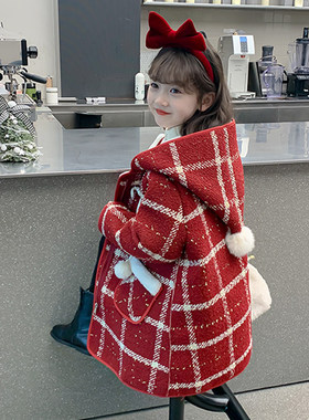 英国next ttat女童外套秋冬装洋气儿童加绒加厚女孩过年呢子大衣