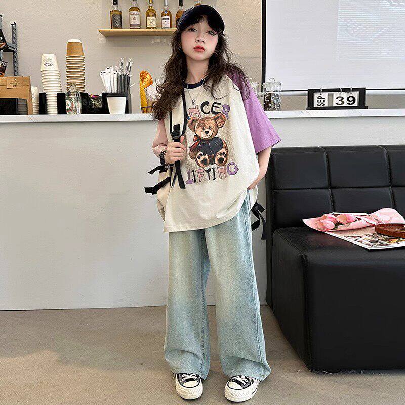 法国Uamtor女童夏季套装2025新款女大童休闲阔腿裤牛仔裤短袖T恤