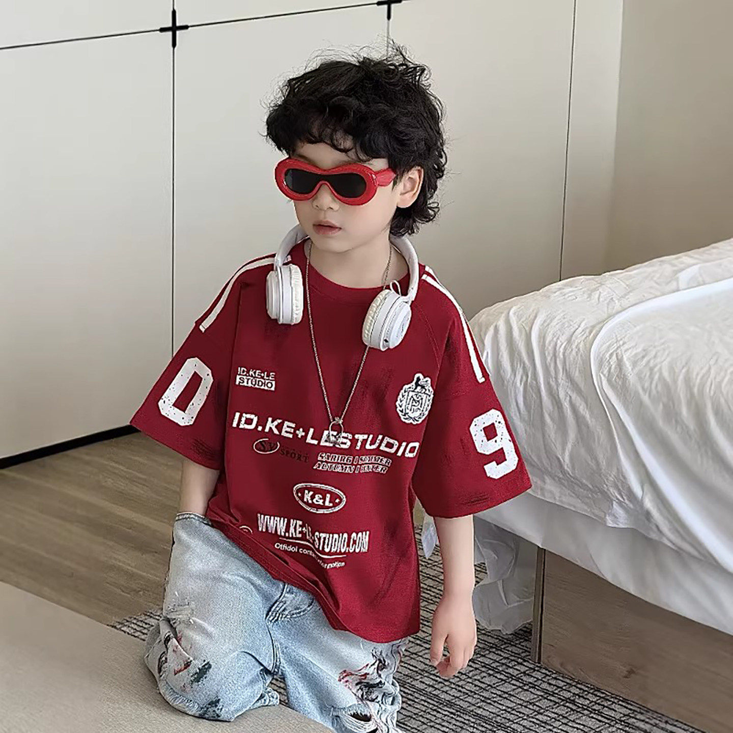 法国Uamtor男童短袖红色T恤2026夏季新款韩版纯棉上衣炸街嘻哈潮