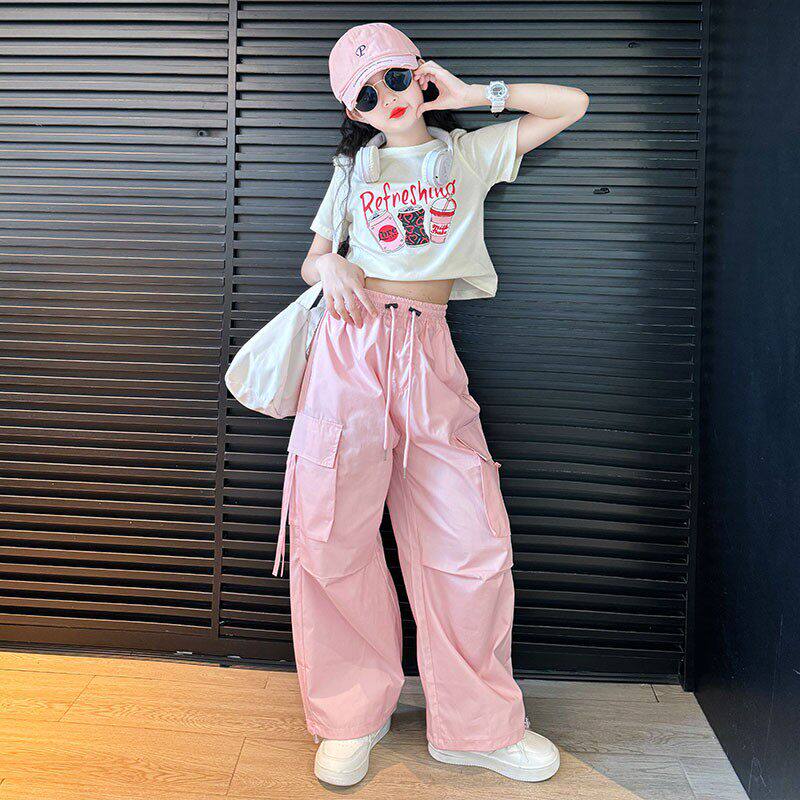 法国Uamtor女童夏季新款短袖套装大童女孩洋气工装裤穿搭两件套潮