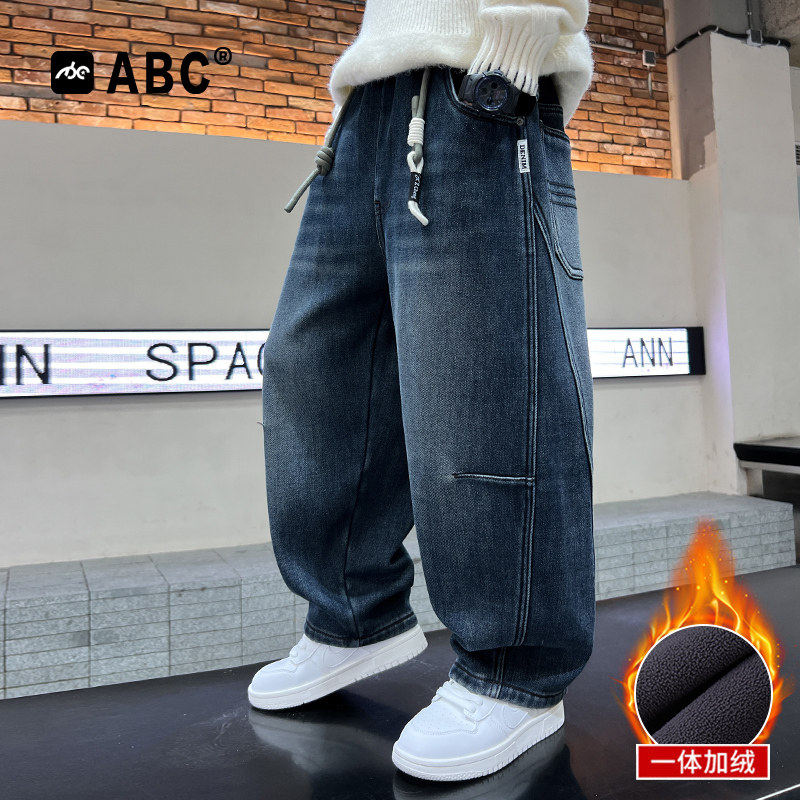 ABC男童春秋牛仔裤儿童新款个性后袋贴布直筒裤中大童秋季阔腿裤