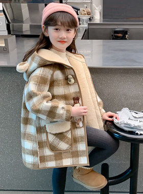 英国next ttat女童秋冬外套儿童女孩加绒加厚中长款卡通格子大衣
