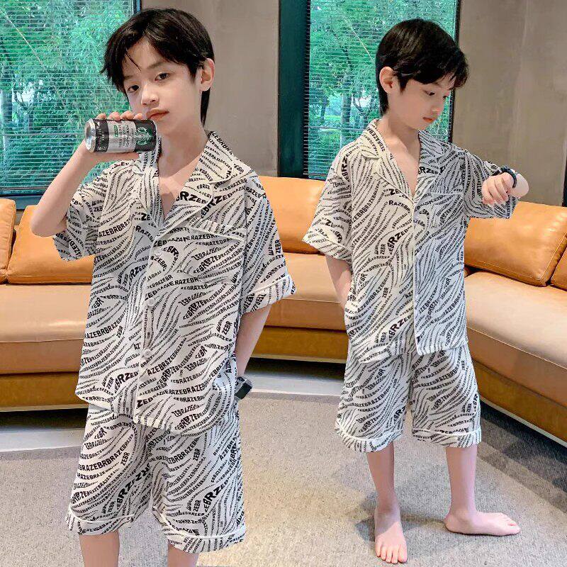 法国Uamtor男童夏季睡衣薄款空调服套装男孩2025年新款冰丝家居服