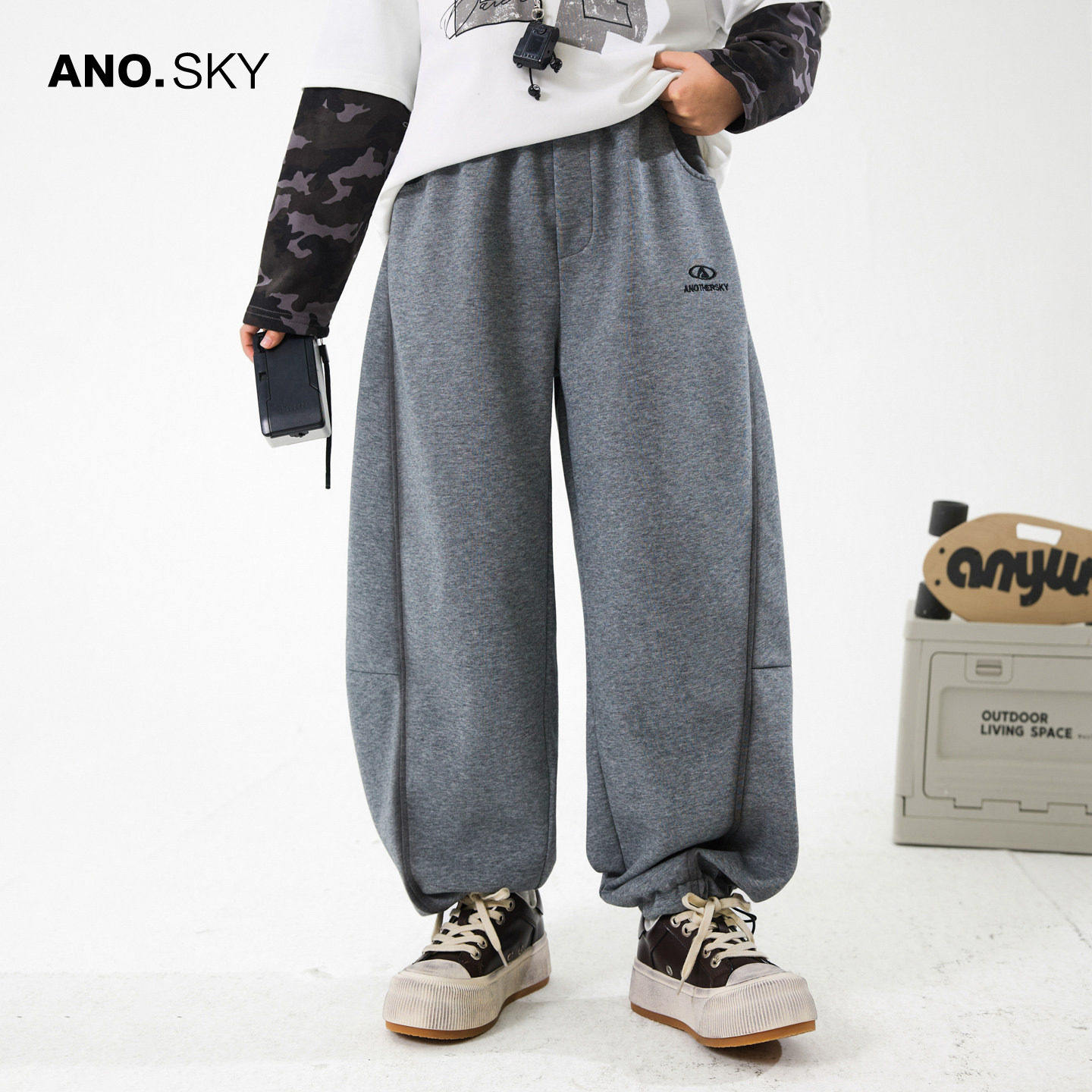 anothersky 男童春秋灰色直筒弯刀卫裤2026新款儿童阔腿运动裤子